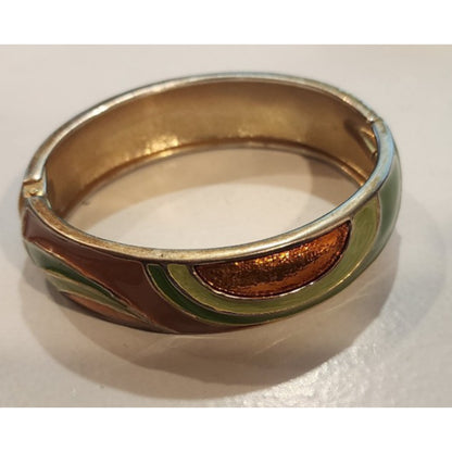 Green, Rust, Tan and Goldtone - Enamel - Hinged Spring - Clasp Bracelet