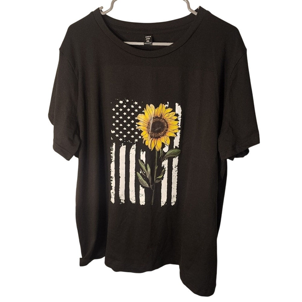 SHEIN Curve 2XL Black Sunflower American Flag Graphic Tee Short Sleeve