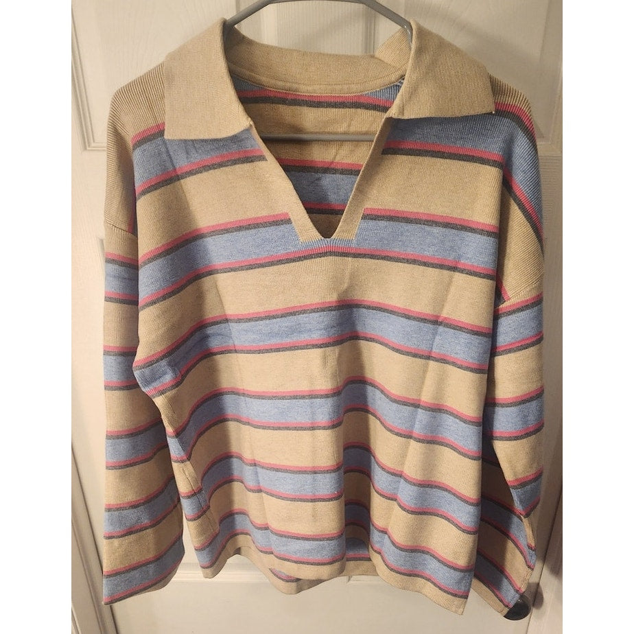 Evaless Women’s Striped Knit Sweater V‑Neck Apricot Multicolor Size L NWT