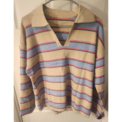 Evaless Women’s Striped Knit Sweater V‑Neck Apricot Multicolor Size L NWT