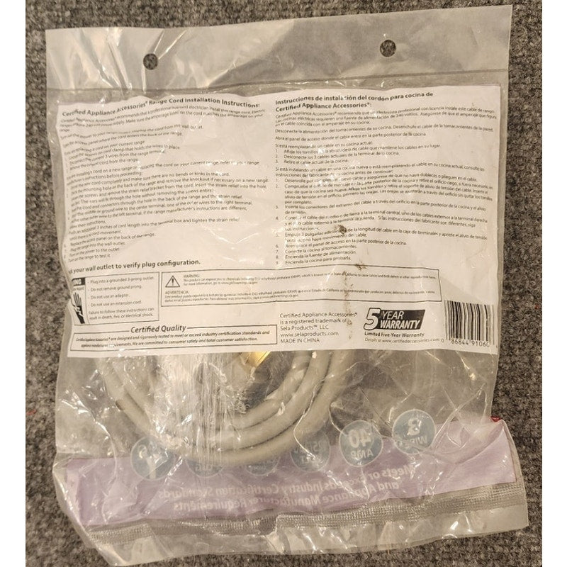 Certified Appliance Electric Range Power Cord Replacement 4ft Heavy Duty NIB