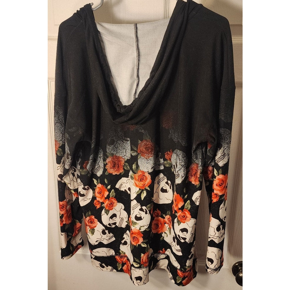 LuLaRoe Skull and Rose Floral Print Hoodie Pullover - Size Large