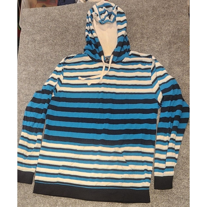 Empyre Striped Lightweight Hoodie Mens Size Large Blue Black White Knit Tee Shirt