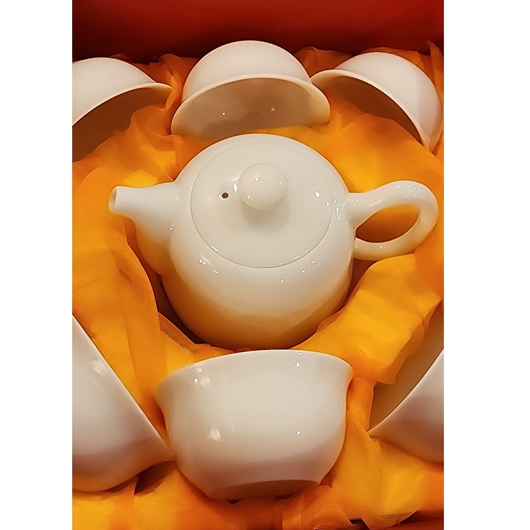 Porcelain Chinese Tea Set in Red Gift Box Teapot & 6 Matching Cups - Small Set