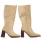 Coutgo Women’s Knee High Boots Beige Suede Square Toe Chunky Heel Size 11 NIB