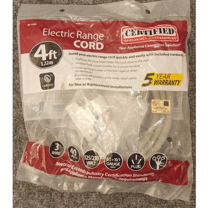 Certified Appliance Electric Range Power Cord Replacement 4ft Heavy Duty NIB