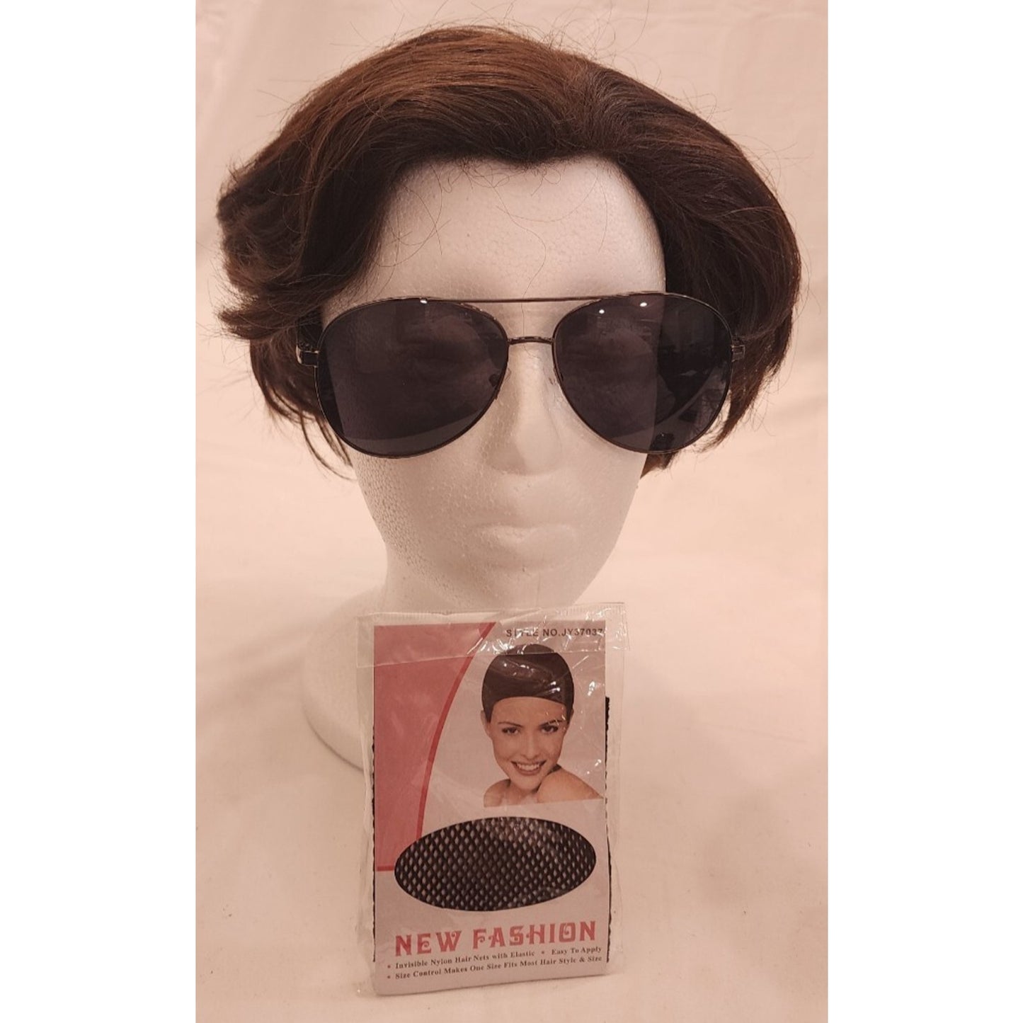 Cute brunette bob wig with sunglasses and hair net with elastic. New
