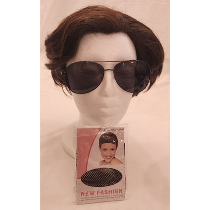 Cute brunette bob wig with sunglasses and hair net with elastic. New