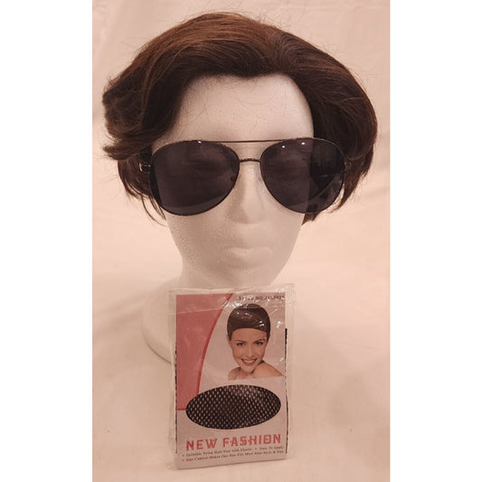 Cute brunette bob wig with sunglasses and hair net with elastic. New