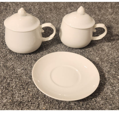 Vintage White Ceramic Lidded Teacups and Saucer Set of 2 Cups Lids Saucer Japan