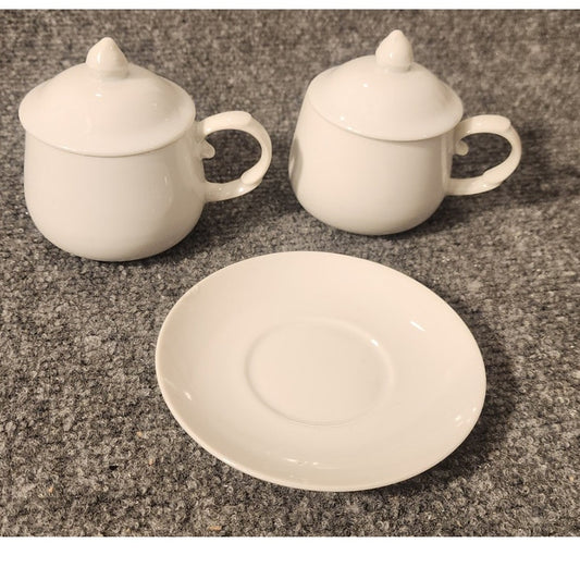 Vintage White Ceramic Lidded Teacups and Saucer Set of 2 Cups Lids Saucer Japan