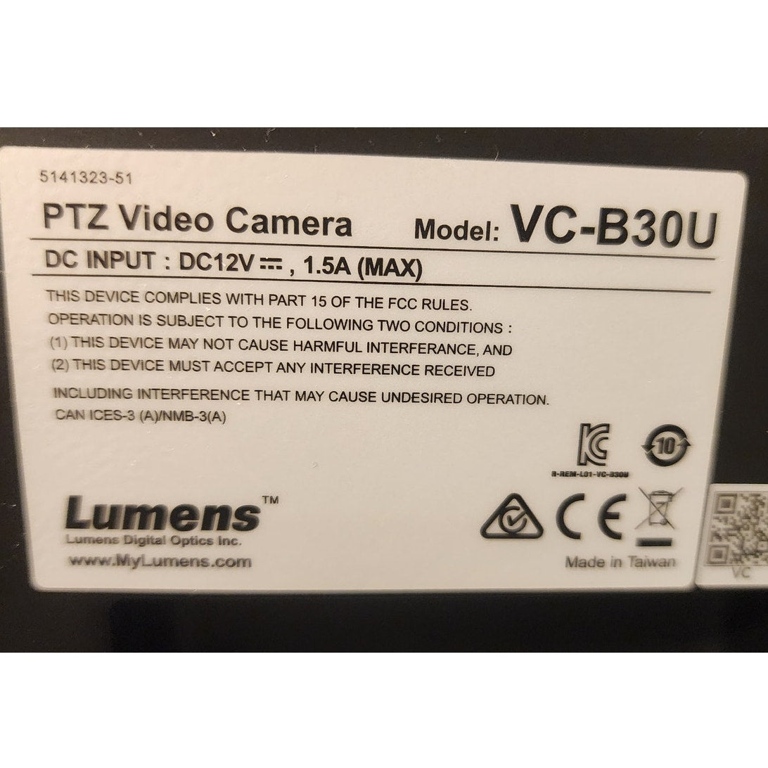 Lumens VC-B30U PTZ USB 3.0 Video Conference Camera HD 1080p Untested