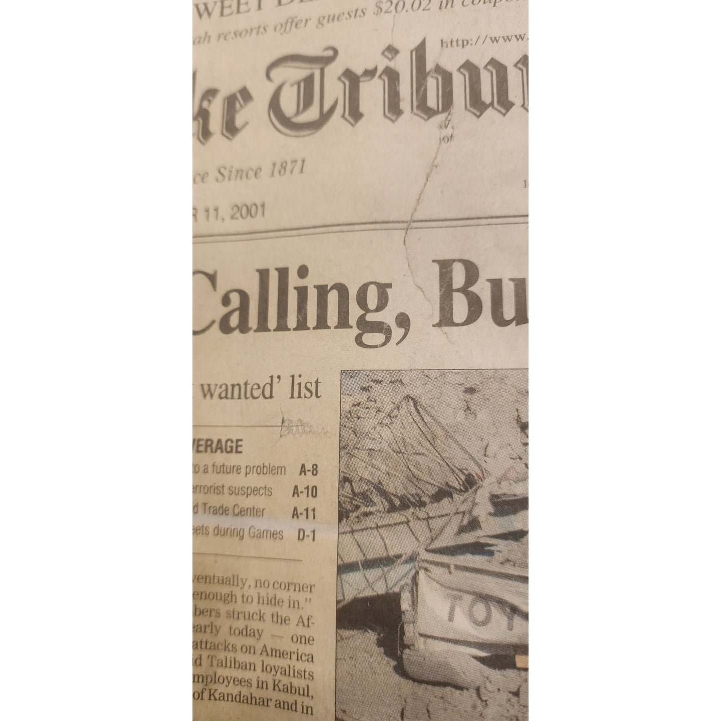 9/11 newspaper - Salt Lake Tribune 9/12/2001 - and 10/11/2001 1 month after