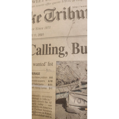 9/11 newspaper - Salt Lake Tribune 9/12/2001 - and 10/11/2001 1 month after