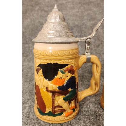 Vintage ABC Alphabet German Style Lidded Beer Stein Set Ceramic Pewter Lid 7.5"