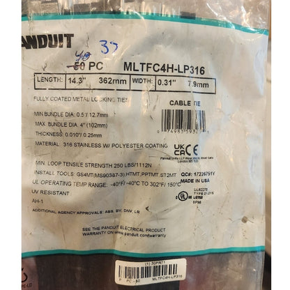 Panduit MLTFC4H-LP316 Stainless Steel Cable Ties 14.3in Black Lot of 37 Open Bag
