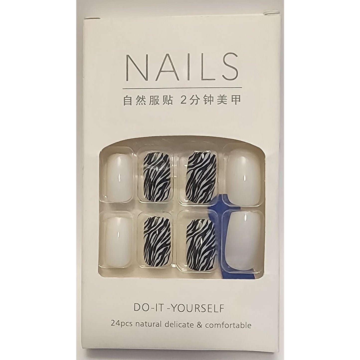Striped Nails and Plain White - 24 Piece Set - NEW