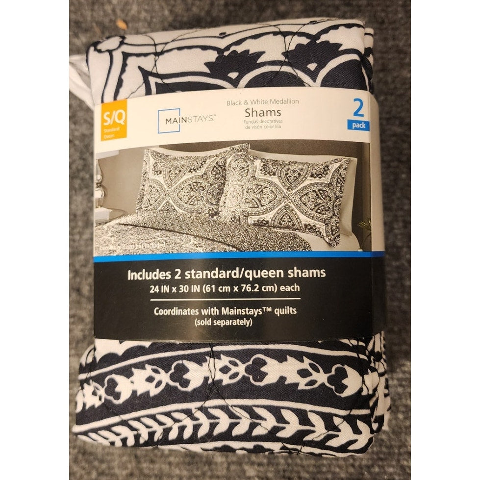 Mainstays Pillow Shams Set of 2 Standard Queen Black White Geometric Pattern NIP