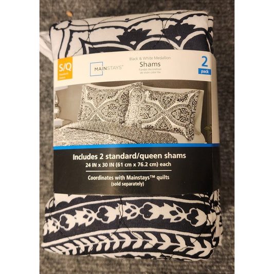 Mainstays Pillow Shams Set of 2 Standard Queen Black White Geometric Pattern NIP