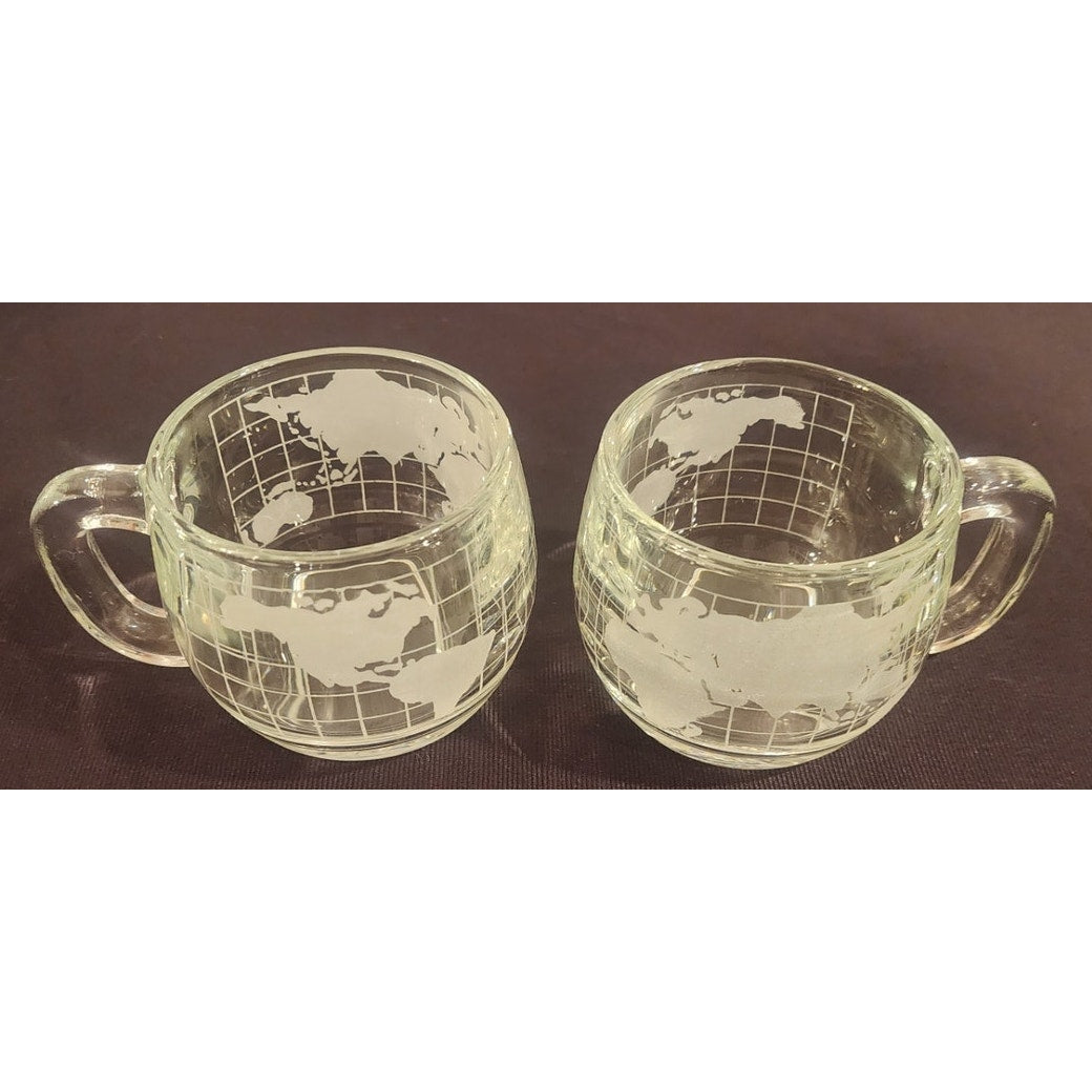 Nestlé World Map Glass Mugs – Set of 2 – Vintage Globe Etched Cups