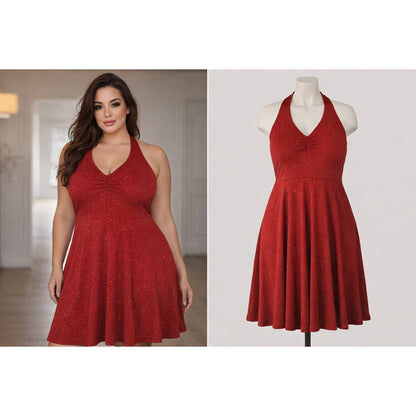 Red Sparkle Halter Dress Women’s Medium Pleated Skirt Party Cocktail