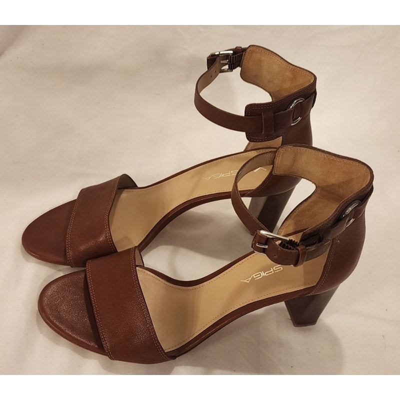 Via Spiga Brown Leather Ankle Strap Block Heel Dress Sandals Women's 7.5M