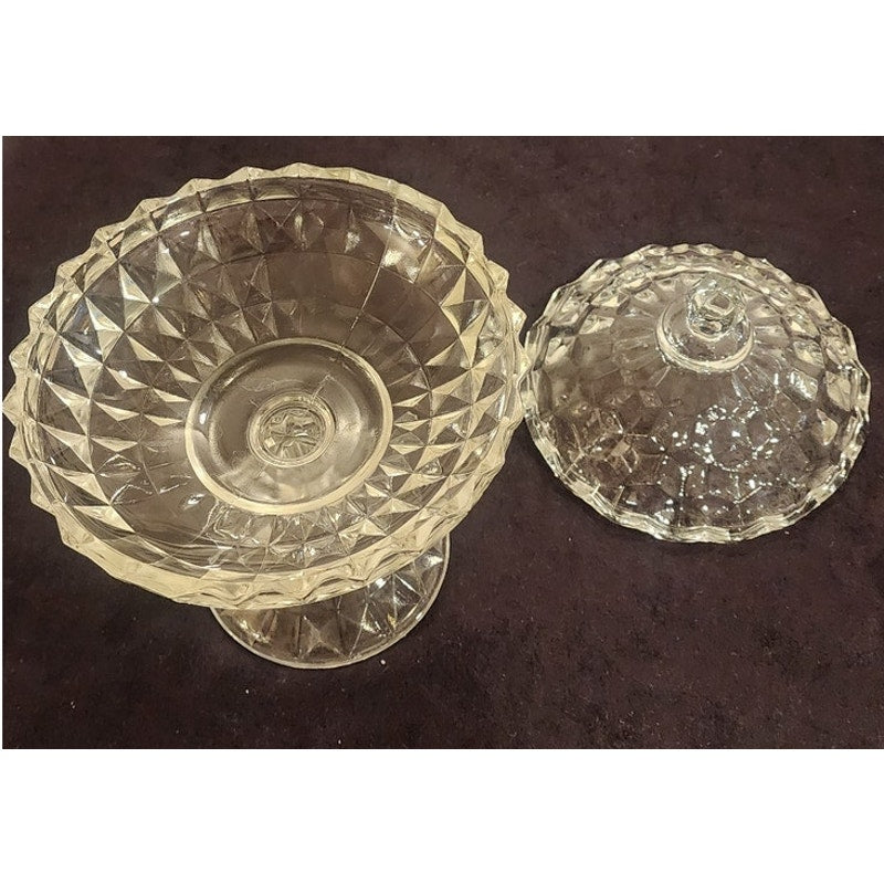 Vintage Crystal Pedestal Compote w/ Lid – 7.5" Tall – Diamond Cut Pattern