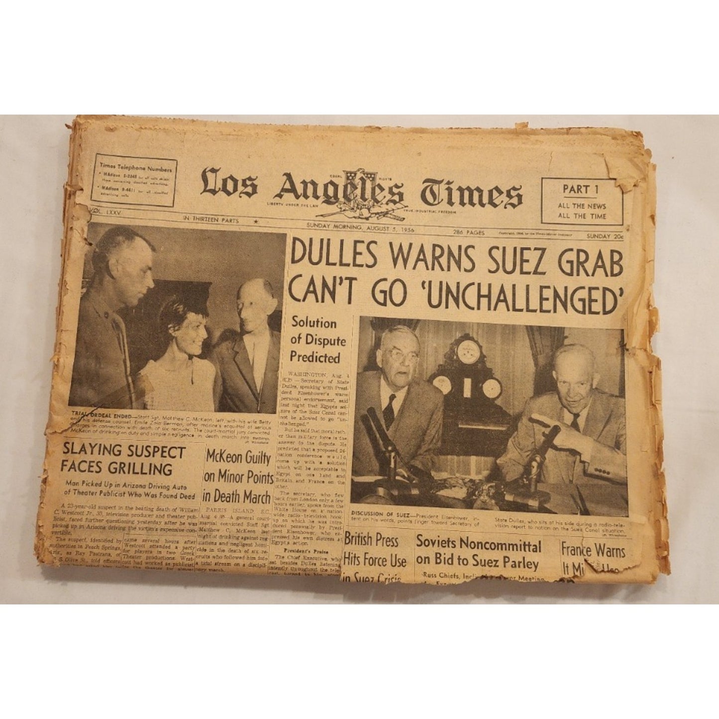 Aug 5, 1956 LOS ANGELES TIMES - Dulles Warns Suez Grab Can't go Unchallenged
