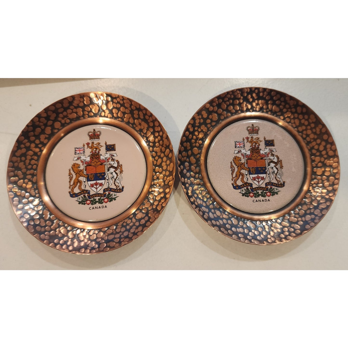 Fantasy Copperware Canada Crest Mini Plates 3⅝” Hammered Copper Vintage Pair
