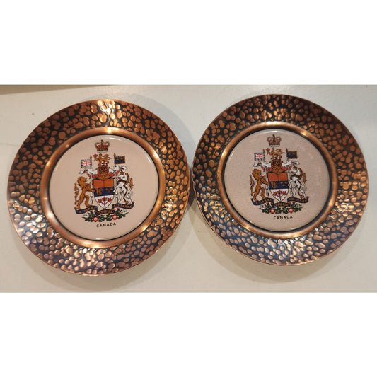 Fantasy Copperware Canada Crest Mini Plates 3⅝” Hammered Copper Vintage Pair