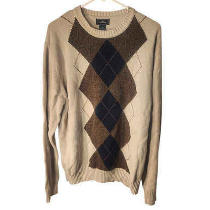 Dockers Mens XL Argyle V-Neck Sweater Cream Beige Navy Blue Pullover