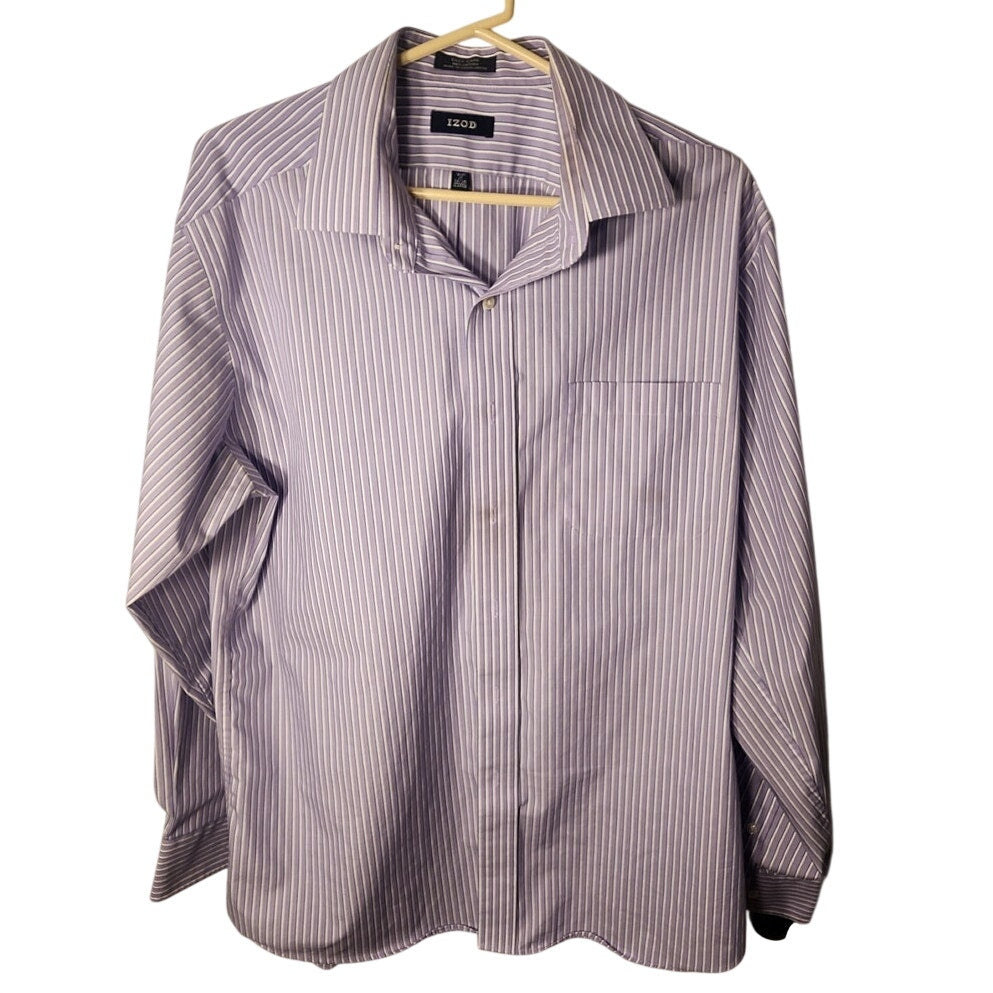 IZOD Mens Dress Shirt Size 17 34/35 XL Purple White/Gray Pinstripe Button Down