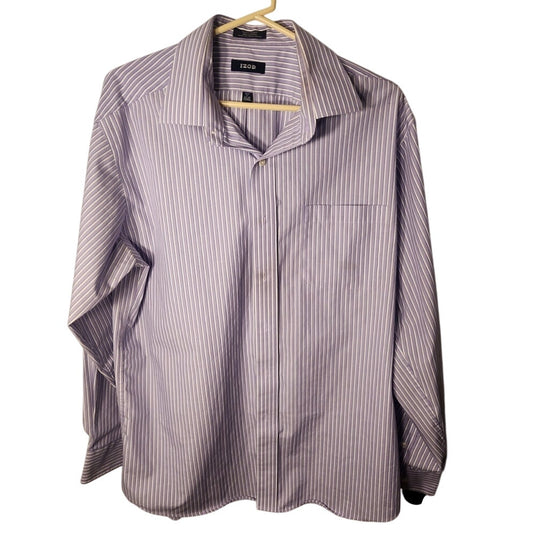 IZOD Mens Dress Shirt Size 17 34/35 XL Purple White/Gray Pinstripe Button Down