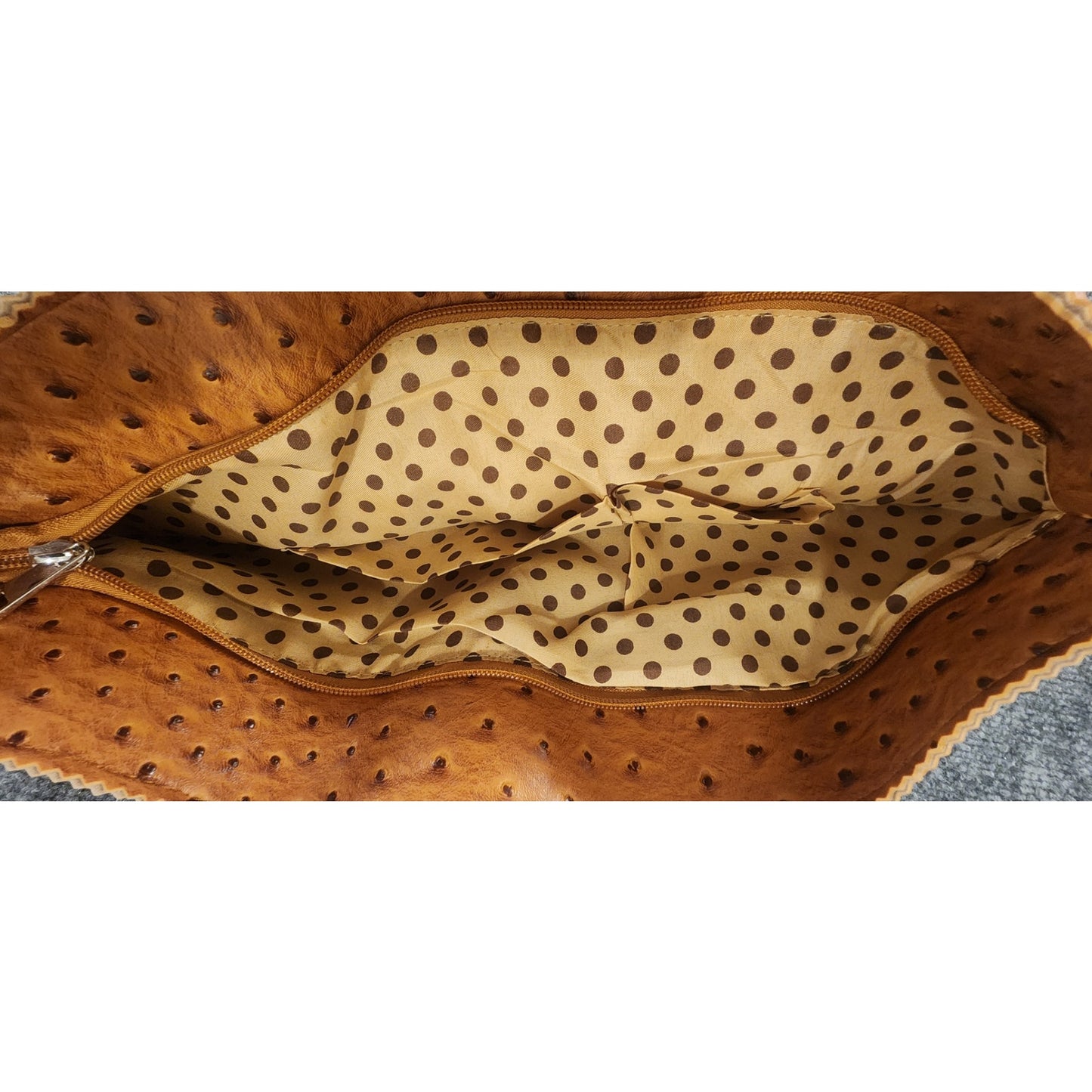 New 22TOTE Large Tan Ostrich Embossed Faux Leather Tote Bag Pouch NWT