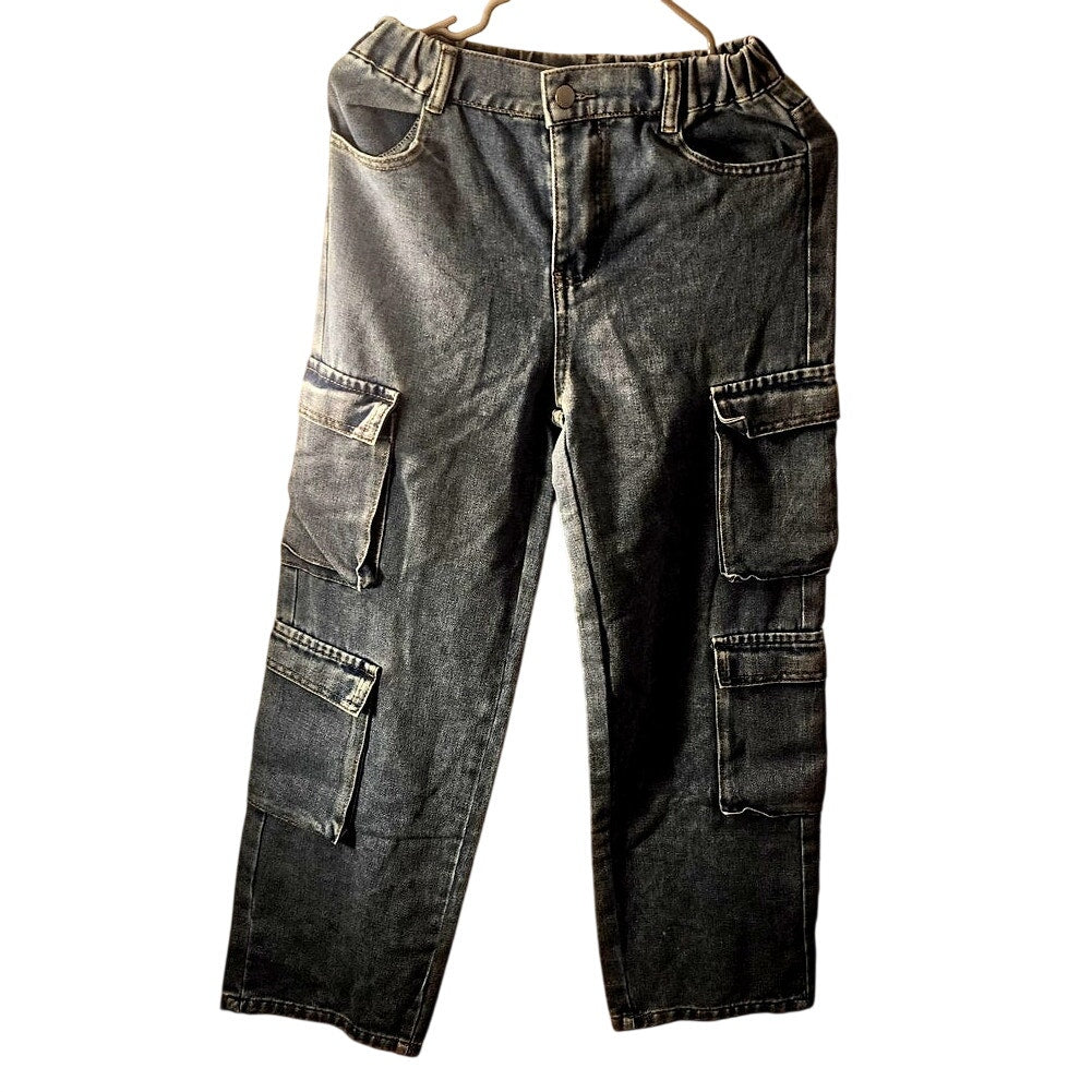 Unbranded Youth Cargo Jeans Size 14Y Blue Denim Multi‑Pocket Straight Leg New