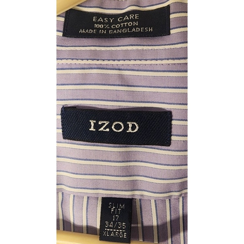 IZOD Mens Dress Shirt Size 17 34/35 XL Purple White/Gray Pinstripe Button Down