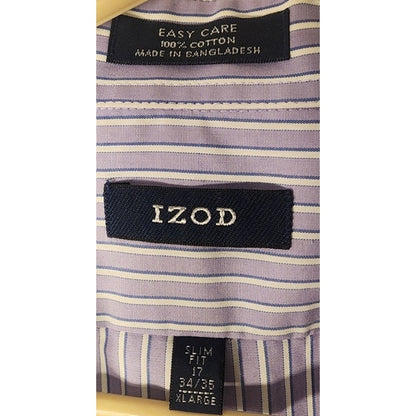 IZOD Mens Dress Shirt Size 17 34/35 XL Purple White/Gray Pinstripe Button Down