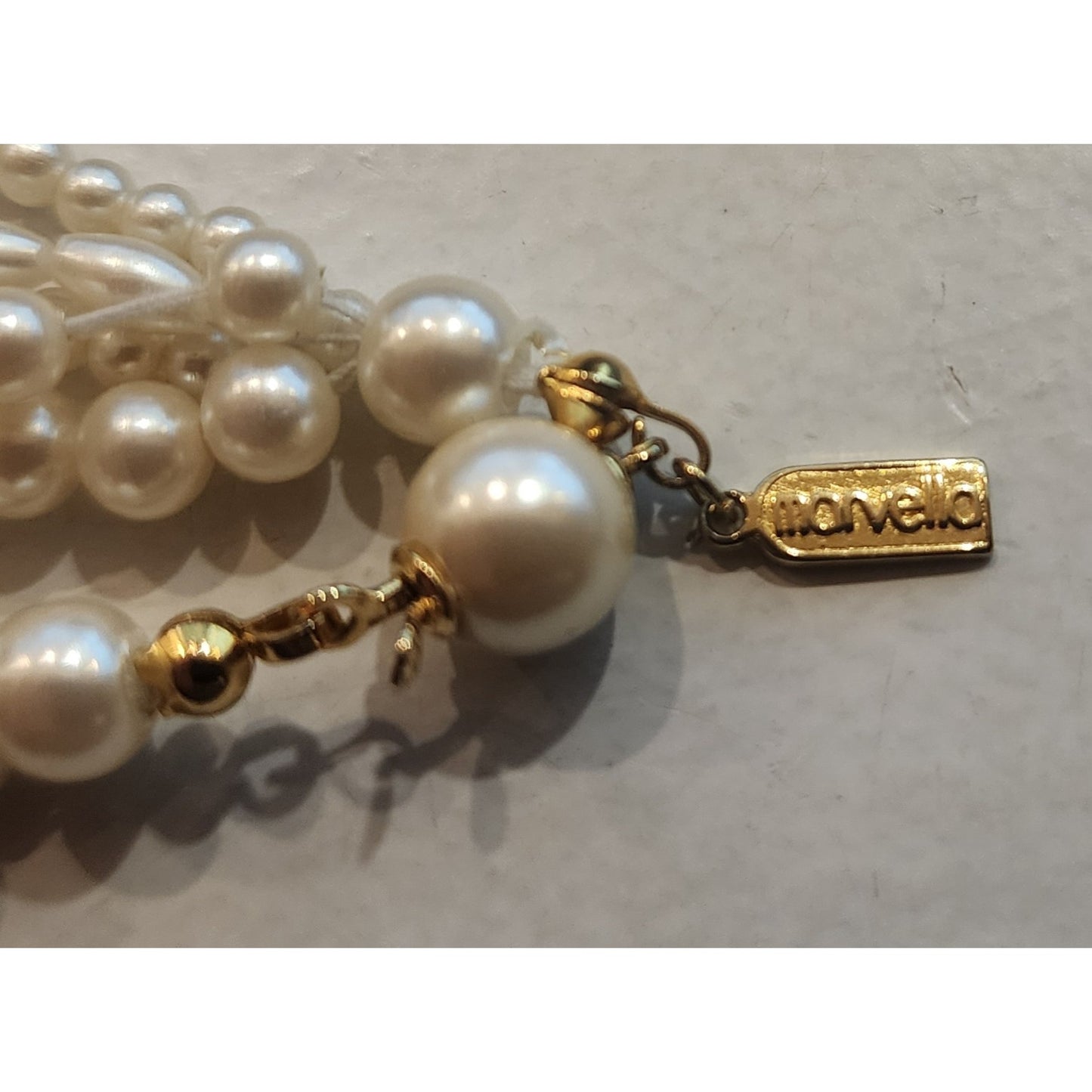 Marvello 5‑Strand Faux Pearl Necklace 30” Vintage Gold‑Tone Clasp