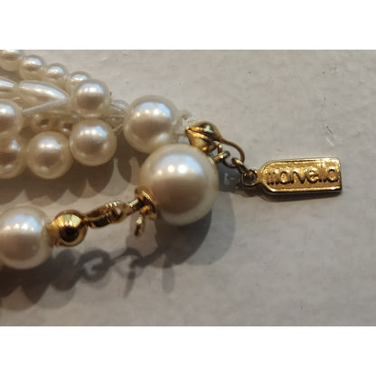 Marvello 5‑Strand Faux Pearl Necklace 30” Vintage Gold‑Tone Clasp