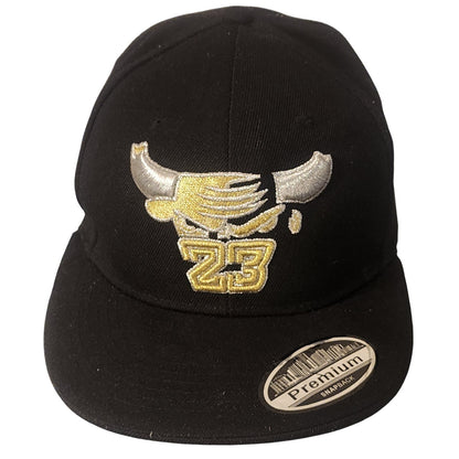Chicago Bull Head 23 Snapback Hat Black Gold Adjustable Cap