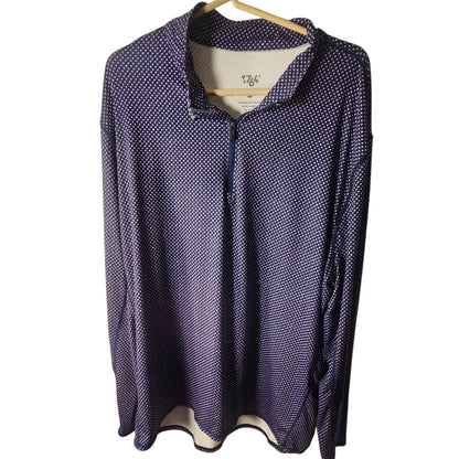 1764 Mens Long Sleeve 1/4 Zip Cowl Neck Pullover Navy Blue Purple Print Size 2XL