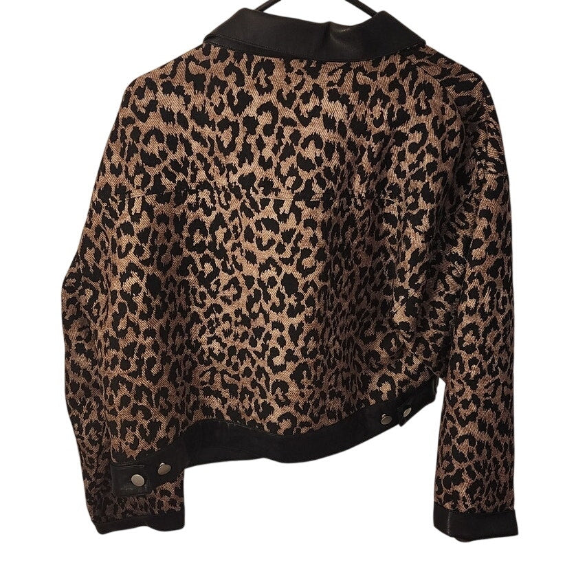 Blue Blush Leopard Print Jacket XL Faux Leather Trim Statement Coat