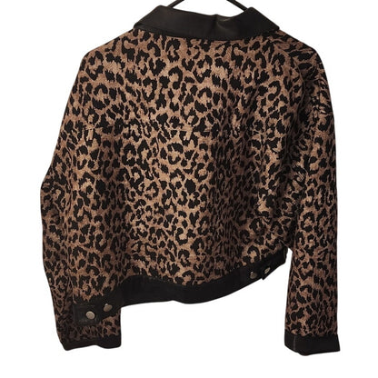 Blue Blush Leopard Print Jacket XL Faux Leather Trim Statement Coat