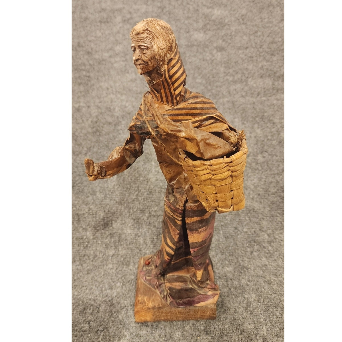 Vintage Handmade Mexican Folk Art Paper Mache Vendor Wicker Basket Figurine 13"