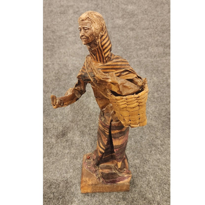 Vintage Handmade Mexican Folk Art Paper Mache Vendor Wicker Basket Figurine 13"