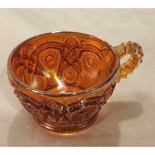 Vintage Marigold Carnival Glass Punch Cup Iridescent Geometric Starburst Mug