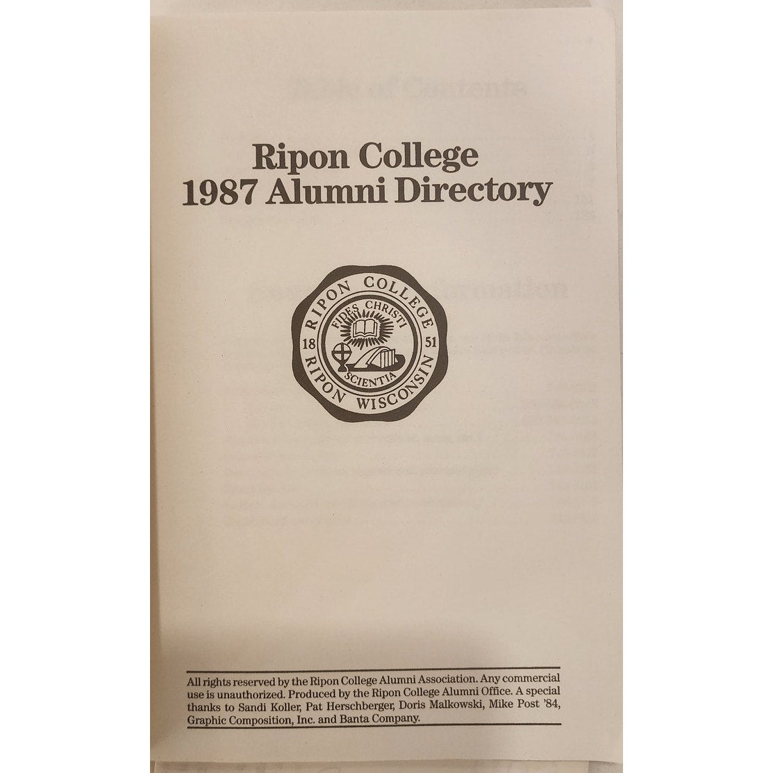 1987 Ripon College Alumni Directory + Original President’s Letter – Good