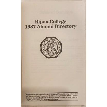 1987 Ripon College Alumni Directory + Original President’s Letter – Good