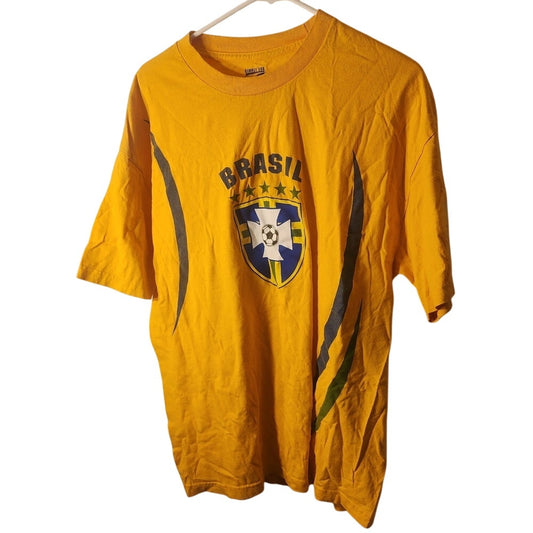 Vintage Simply For Sports Brazil Soccer Graphic T-Shirt Men's Large Yellow Tee