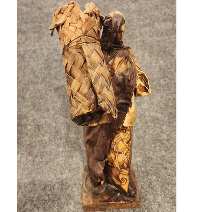 Vintage Handmade Mexican Folk Art Paper Mache Woman Back Wicker Basket Figurine